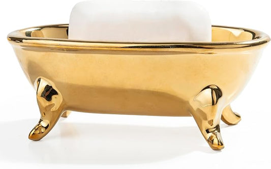 6.7" Ceramic Mini Clawfoot Bathtub Bar Soap Dish, Decorative Bar Soap Holder, Soap Tray Sponge Holder for Shower, Bathroom & Kitchen Sink (Gold)