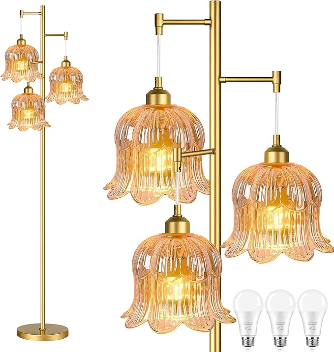 Glass Floor Lamp for Living Room,Bedroom,Mid Century Modern Standing Lamp Brass Tree 3 Light Tall Floor Lamps Vintage Floor Lights Gold Tulip Flower Lamp Shade Farmhouse Boho Bohemian
