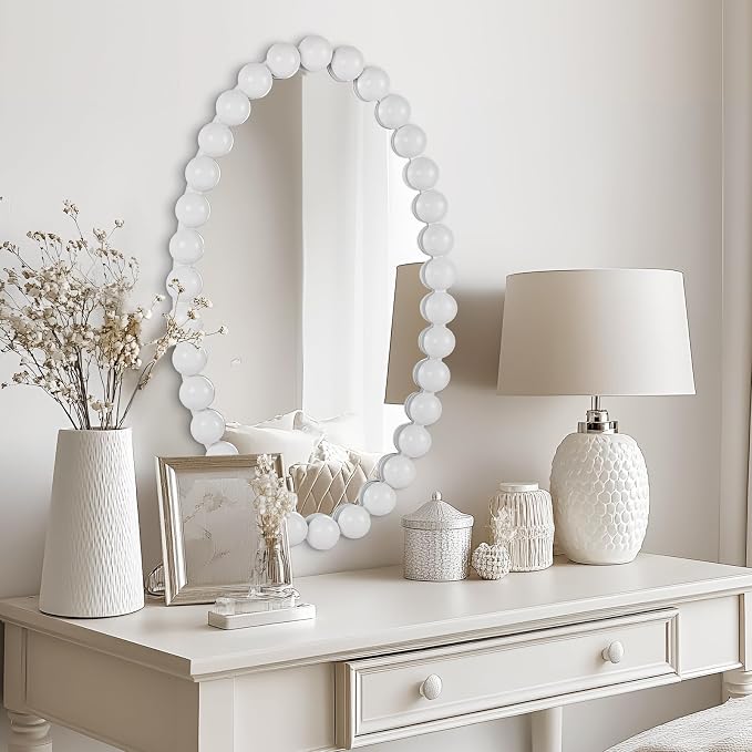 Oval Round Wall Mirror - 30 Inch Decorative Framed Bathroom/Living Room Accent Mirror with Beaded Ball Trim - Vintage Modern Style White Mirror