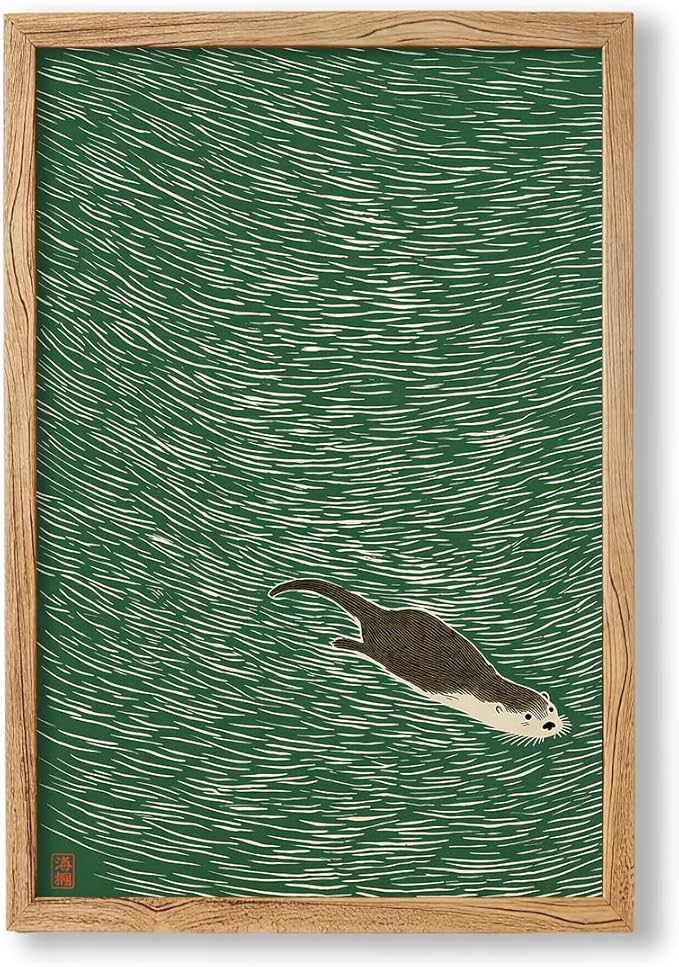 Framed Japanese Otter Swimming Poster Funny Nature Wild Animal Pictures Retro Minimal Green Water Canvas Wall Art for Living Room Bedroom Bathroom 16x24 inch