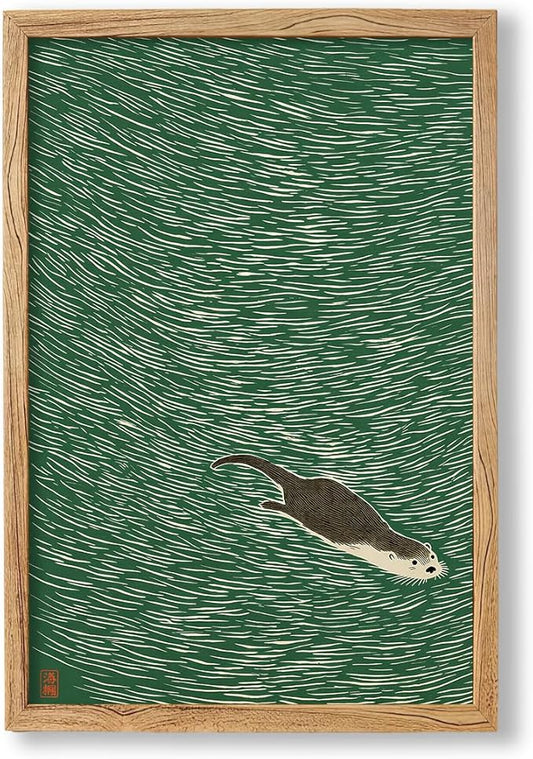 Framed Japanese Otter Swimming Poster Funny Nature Wild Animal Pictures Retro Minimal Green Water Canvas Wall Art for Living Room Bedroom Bathroom 16x24 inch