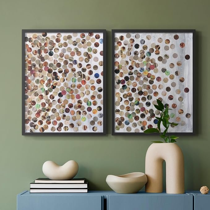 Renditions Gallery Set of 2 Peel & Stick Framed Prints, Textured Abstract Wall Art, Scattered Circular Cutouts Wall Decor, Re-Stickable - Ready to Hang - 16"x20" - Black Frame LT588