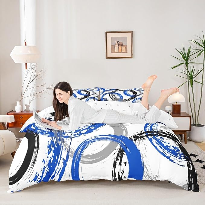 Geometric Circle Duvet Cover Set Queen Size,Abstract Retro Striped Swirls Bedding Set,Boys Girls Room Decor,Graffiti Aesthetic Stripes Comforter Cover,Blue White Quilt Cover,2 Pillowcases(No Filler)
