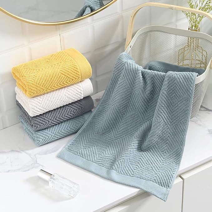 sense gnosis Sage Green Hand Towel Set of 2 Striped Weave 100% Cotton Super Soft Highly Absorbent Light Weight Decorative Hand Towels for Bathroom 13x 29 Inch