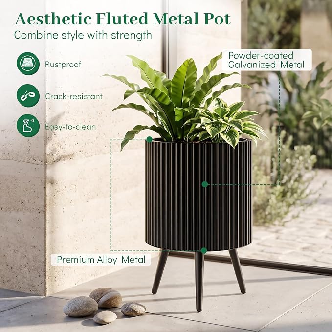 Giantex 14 Inch Plant Pot with Stand, Mid-Century Modern Fluted Planter with Built-in Drainage Holes, Metal Flower Pot with Tapered Legs for Living Room, Office, Porch, Garden
