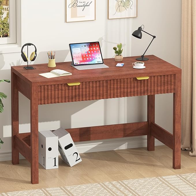 YOMILUVE Fluted Computer Desk with 2 Drawers, 39 Inch Small Computer Desk with Storage, Compact Writing Study Desk for Small Spaces, Red Walnut