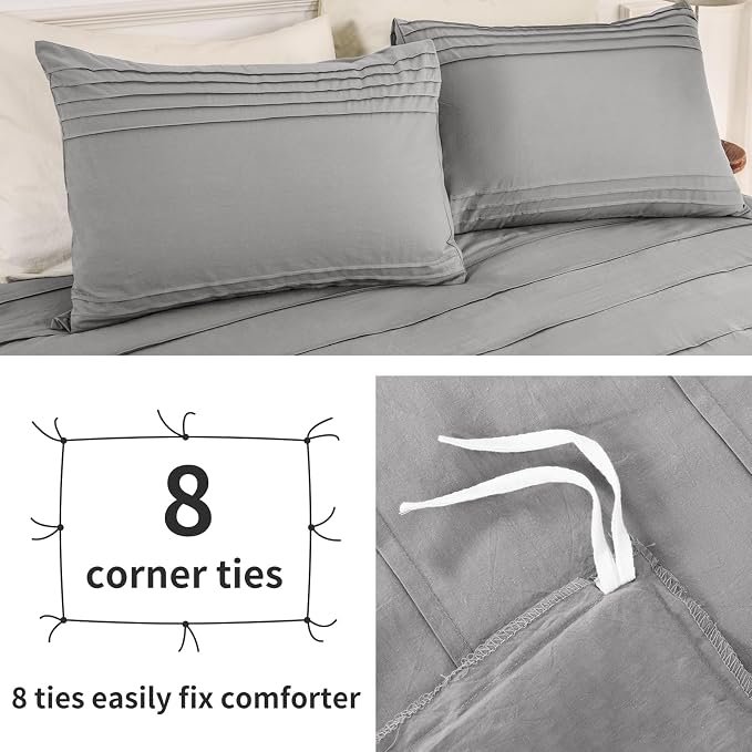 NEXHOME PRO 100% Organic Cotton Duvet Cover Full Size, Linen Pleated Textured Duvet Cover Set Light Grey, 3pc Bedding Set with Zipper Closure, Soft, Lightweight and Breathable (80"x90", No Comforter)