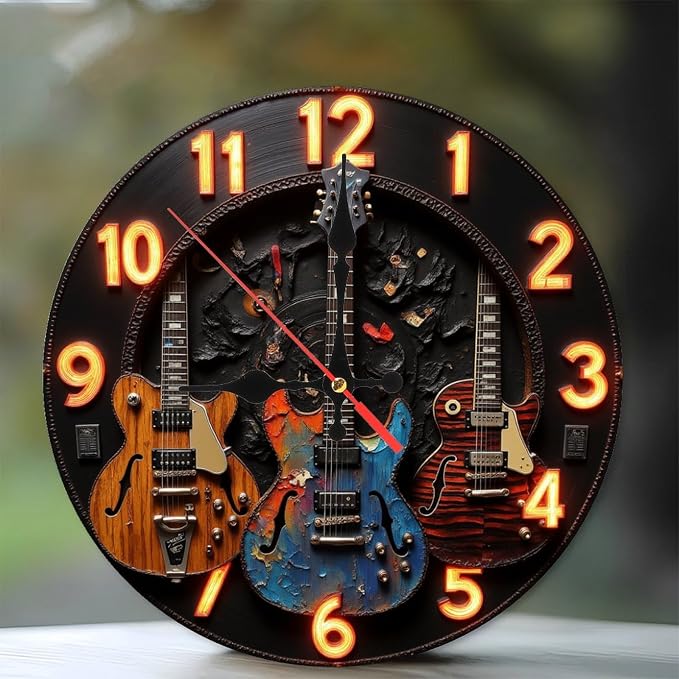 Vintage Guitar Wall Clock Neon Clock Electric Guitar Decor 10-Inch Wooden Wall Clock, Silent Movement, Battery Operated (AA Batteries Not Included), Artistic Home Decor, Perfect for Home Accents