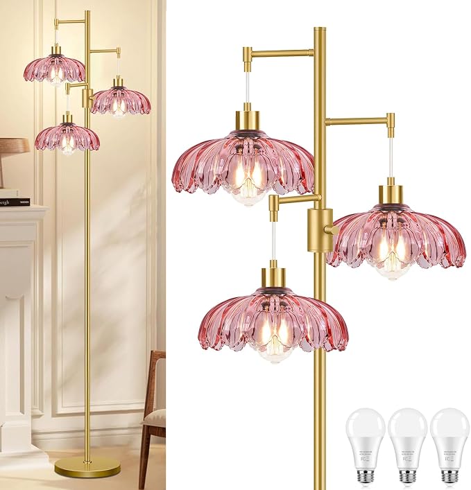ZECOXOL Gold Floor Lamps for Living Room-3 Light Dimmable Floor Lamp with Three Bulbs & Glass Lampshape, Mid Century Modern Standing Lamp Tree Tall Flower Floor Lamp for Bedroom Living Room,Corner