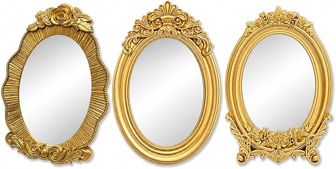 Mifoci Vintage French Wall Mirror Set of 3 Antique Decorative Gallery Wall Mirror Gold Hanging Antique Art Decor Ornate Baroque Style for Living Room Bedroom Home Decor (Oval)