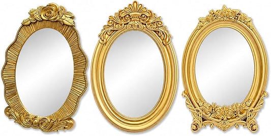 Mifoci Vintage French Wall Mirror Set of 3 Antique Decorative Gallery Wall Mirror Gold Hanging Antique Art Decor Ornate Baroque Style for Living Room Bedroom Home Decor (Oval)