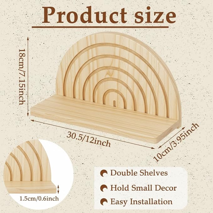 AceOrbit 2 Pcs Boho Wooden Arched Wall Shelf Mid Century Modern Shelf Hanging Plant Display Shelves Floating Half Round Rainbow Shelves for Bedroom Bathroom Hallway Balcony Decoration(Light Brown)