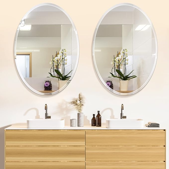 Frameless Oval Bathroom Mirror, 24x36 Inch Beveled Edge Vanity Wall Mirror for Over Sink, Modern Decorative Mirror for Bathroom, Bedroom, Entryway