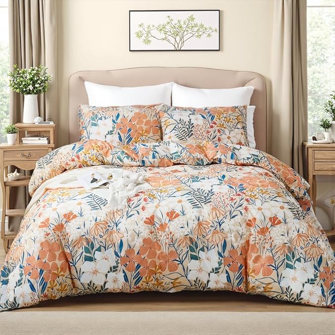 100% Cotton Duvet Cover Queen Size – Autumn Botanical Floral Duvet Cover Set with Zipper Closure, 3-Piece Soft Breathable Percale Weave Bedding Set for All Seasons