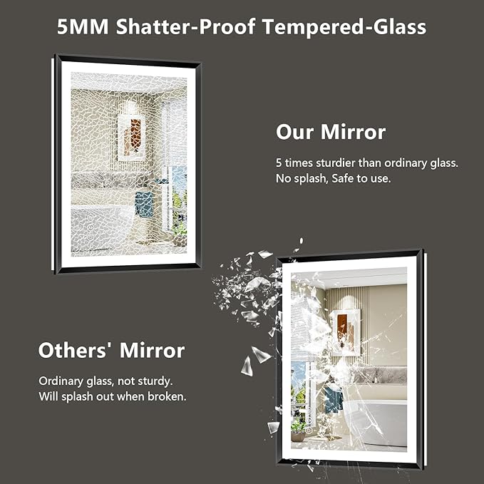 24x32 Black Framed LED Bathroom Mirror with Lights, Backlit and Front Light, Lighted Bathroom Vanity Mirror for Wall Dimmable Anti-Fog Memory Tempered Glass Horizontal/Vertical
