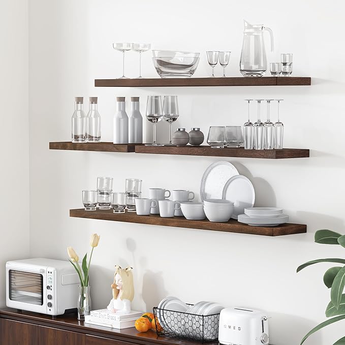Fun Memories Floating Shelves for Wall, 48"x9.3" Rustic Solid Elm Wood Wall Shelves, Heavy-Duty Mounted Shelves with Invisible Brackets, Set of 2 for Living Room, Bedroom, Kitchen, Walnut Finish