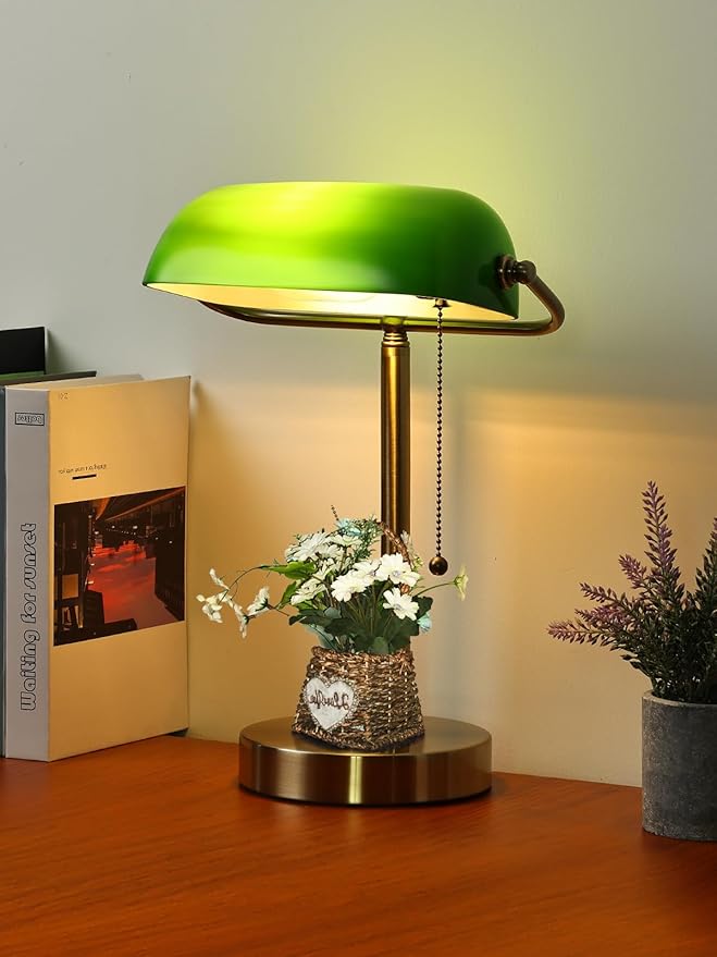 Traditional Green Glass Bankers Desk Lamp with Pull Chain Switch Plug in Fixture,LED Bulb Included