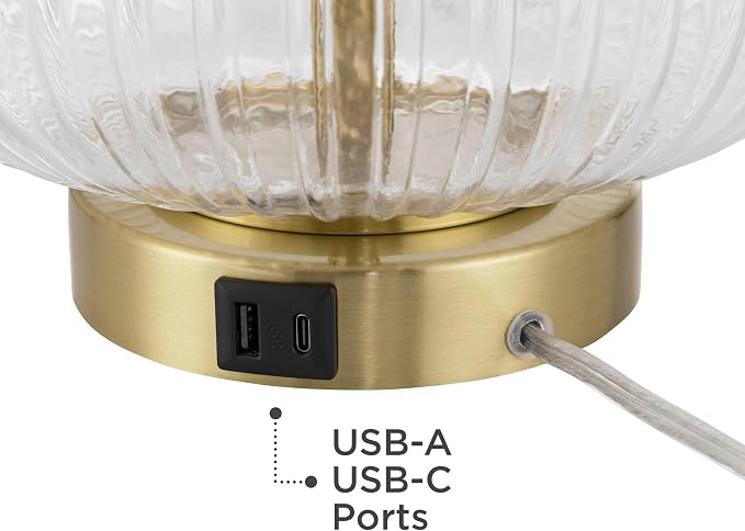 360 Lighting Darrah 20" High Small Mid Century Modern Accent Table Lamp USB Port Clear Glass Gold Brass Finish Single Off-White Shade Living Room Charging Bedroom Bedside Nightstand House Office