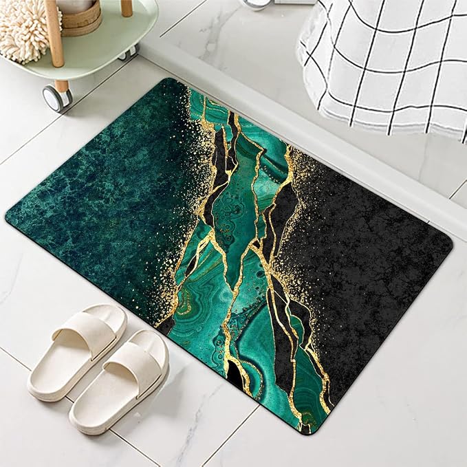 Diatomaceous Earth Bath Mat,Black and Green Gold Marble Non-Slip Volume Super Absorbent Fast Drying for Bathroom Kitchen Door mat,Eco-Friendly Easy to Clean 16×24Inch (40 * 60cm)