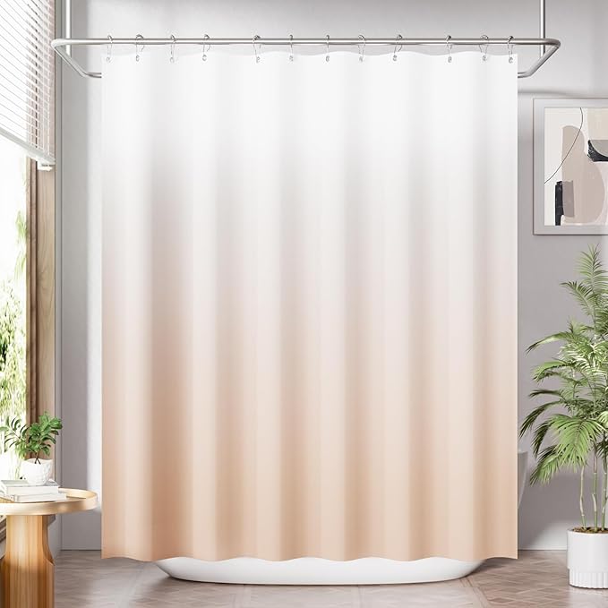 AmazerBath Fabric Shower Curtain, Cloth Khaki Shower Curtain Set with 12 Hooks, Washable Fabric Ombre Khaki and White Shower Curtain, Rustic Modern Bathroom Shower Curtain, 72x72 Inches