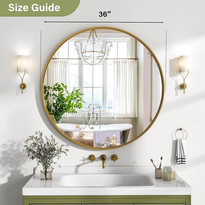 36 Inch Round Bathroom Mirror - Wall Mounted Circle Mirror with Metal Frame, Modern Mirror Suitable for Bathroom, Vanity, Entryway, Living Room, Wall Decor,Gold