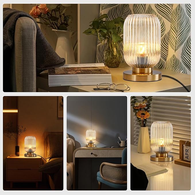 Bedside Table Lamp Mid Century Glass Table Lamps Modern Globe Table lamp Gold Desk lamp nightstand lamp with Amber Pumpkin Design with Ribbed Glass Shade for Bedroom Living Room Office