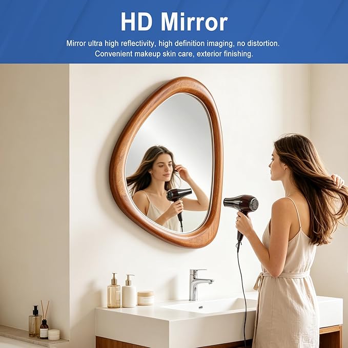 MAGFLERUM Irregular Wall Mirror, 30 * 20 inch Asymmetrical Wood Mirrors, Entryway Mirror, Hanging Vertically and Horizontally. Mirrors for Wall Decor (Red Walnut)