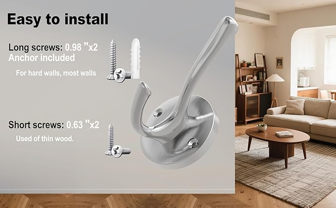 Brushed Nickel Wall Hooks, 6 Pack Coat Robe Hook Heavy Duty Metal Double Bath Hook Wall Mounted, Hand Towel Hooks for Cubicle Bathroom Kitchen Closet Garage