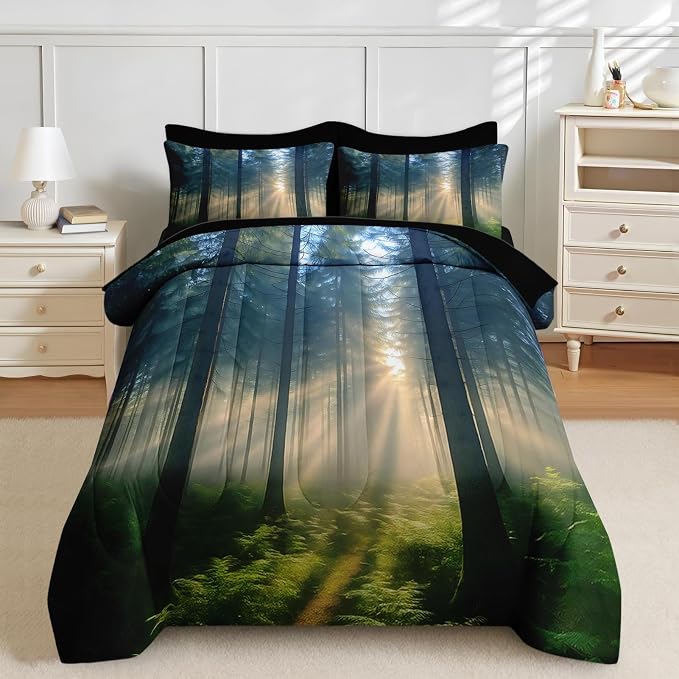 Nesker Comforter Set King Size, Sunlit Forest Nature 7 Pcs Bedding for Kids and Adults, Misty Tree Forest Bed Sheet Sets with Fitted Sheet 2 Pillowcases & 2 Shams