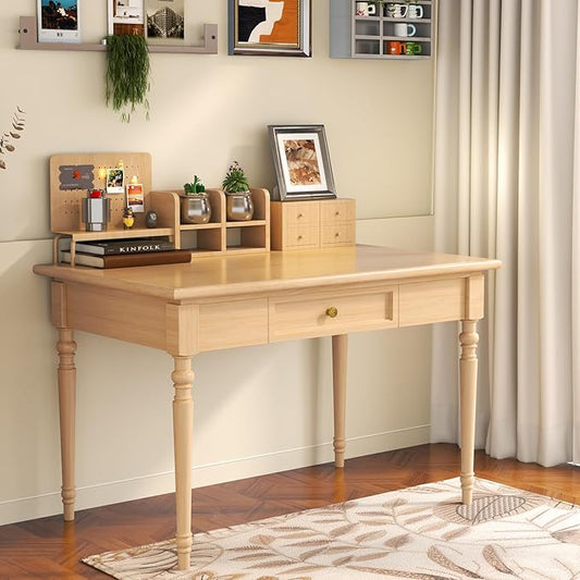 Solid Wood French Country Desk,Writing Desk with Storage Drawers,Farmhouse Computer Table Makeup Table Modern Simple Style,for Home Office Living Room Study Workspace Bedroom (Wood, 31.5IN)
