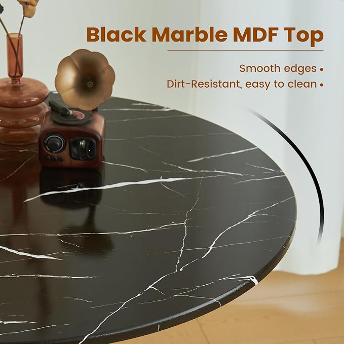 Round Dining Tulip Table for 2, Mid-Century Modern Table with Sturdy Metal Pedestal for Kitchen, Bistro, Cafe, Leisure (Faux Marble Black, 24 INCH)