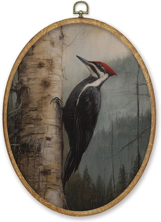 CGBHW Vintage Woodpeckers Bird Oval Wall Art Decor, Rustic Farmhouse Bird Canvas Prints Framed, Moody Forest Woodpeckers Wall Art Hanging Decor for Home Bedroom Living Room, 8.6x11.4 Inch