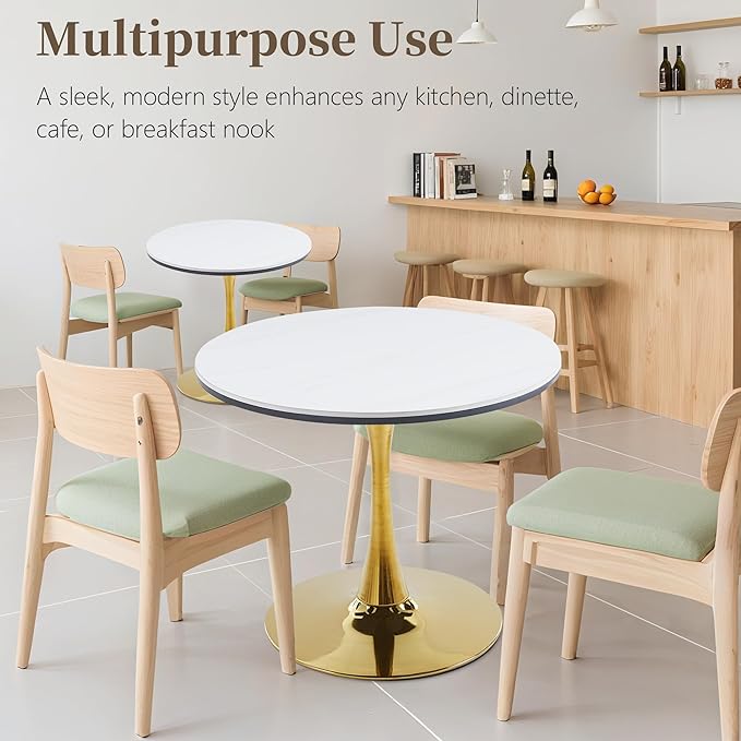 31.5 Inch Round Dining Table,Mid-Century Tulip Table with Metal Pedestal Base,Modern Leisure Table for Small Space Kitchen Dining Room,Easy Assembly,Gold and White