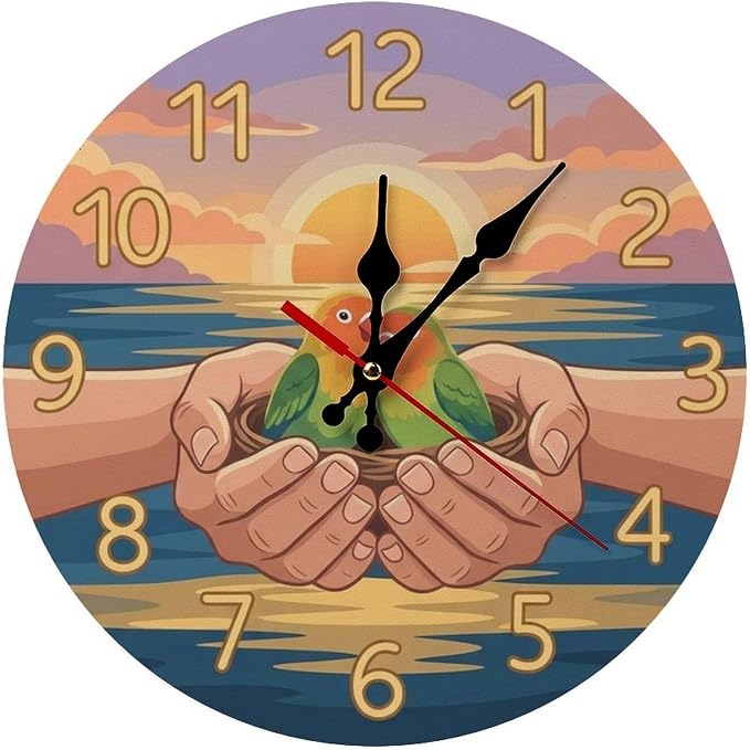 Nurturing Lovebirds Nest Wooden Wall Clock Silent Non-Ticking Quartz Frameless Art for Bedroom, Nursery, Office, Kitchen Decor, Housewarming Gift 10/12 inch