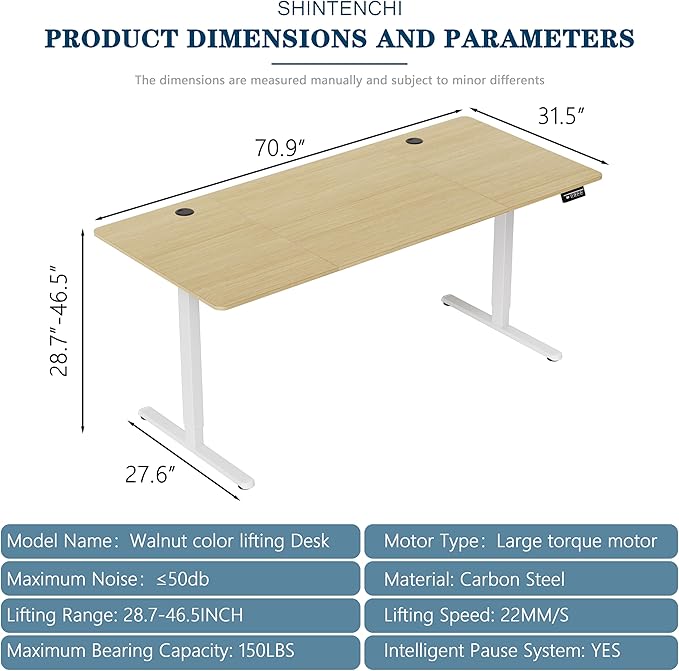 Shintenchi Standing Desk, 71x31 Inch Height Adjustable Electric Sit Stand up Desk, Ergonomic Rising Computer Table, Modern Lift Gaming Desk Workstation for Home Office, Walnut and White