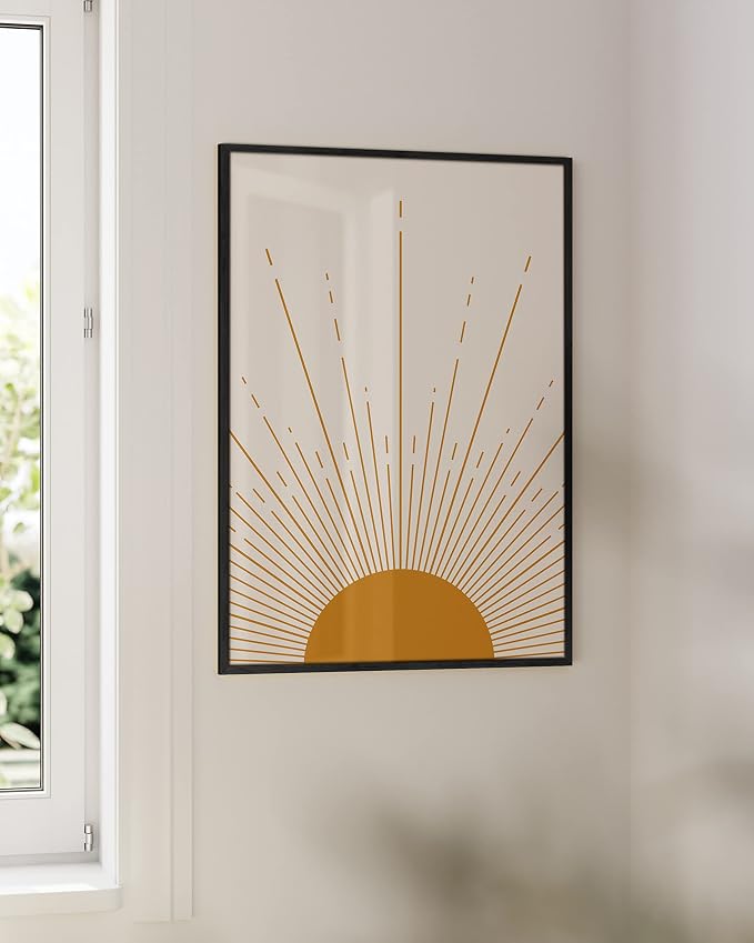 HAUS AND HUES Boho Framed Wall Art - Southwestern Modern Sun Print, Geometric Boho Art, Retro Sun Poster, Black Frame 24x36