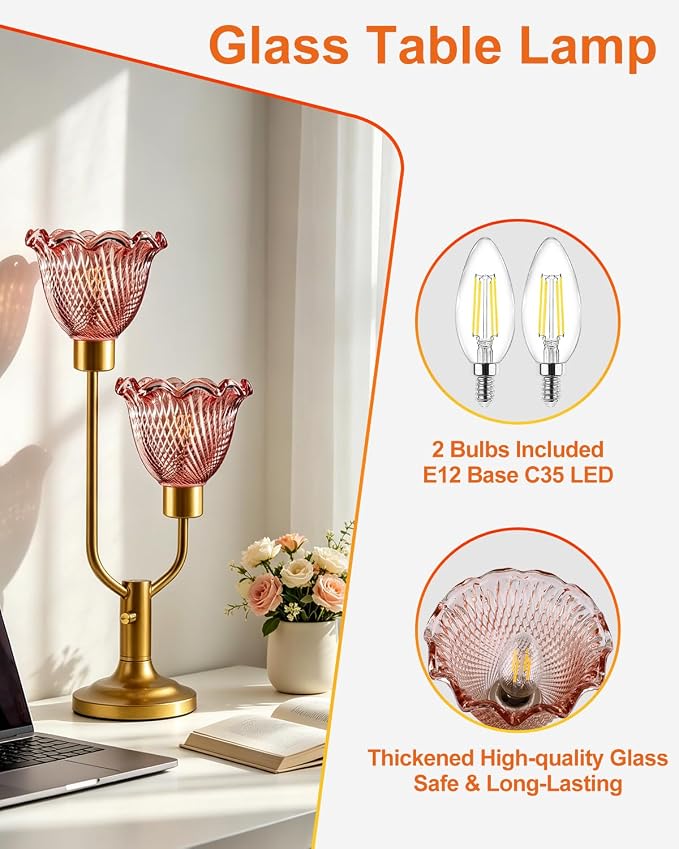 Lightdot Flower Glass Red Table Lamp Dimmable Mid Century Modern Vintage Gold Desk Lamp Nightstand Lamp 2 Bulbs Included Warmwhite Ambient Bedside Lamps for Living Room Bedroom Home Office Decor Gift