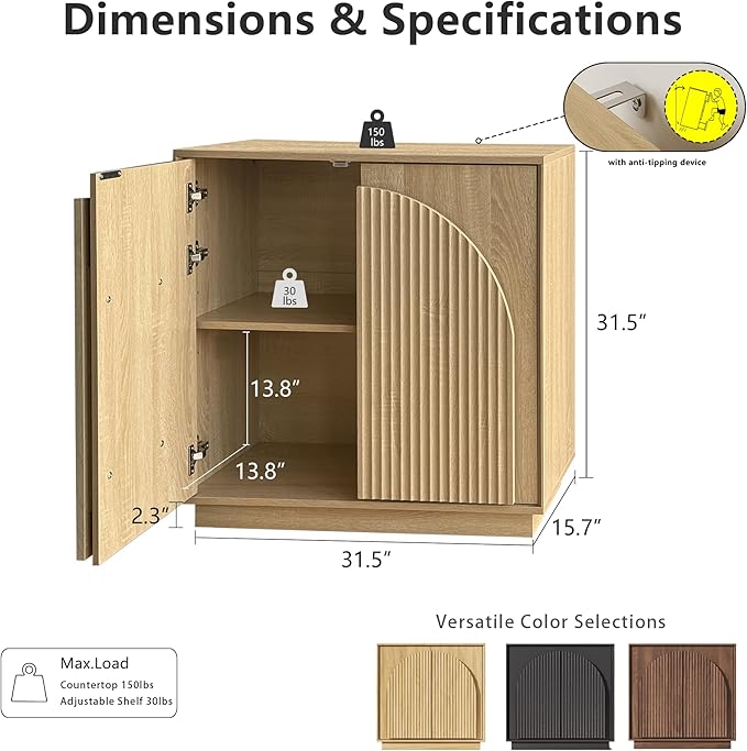 win2win Fluted Sideboard Buffet Cabinet with Storage, 31.5" Modern Boho Accent Cabinet with Double-Layered Arch Doors, Small Wood Console Credenza for Living Room, Dining Room, Entryway, Oak, 3PCS