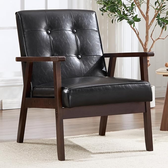 IOMOR Accent Chair Mid Century Modern Chair for Living Room, Comfy Faux Leather Armchair with Solid Wood Frame Soft Thick Padded, Side Chairs Easy Assembly (Black)