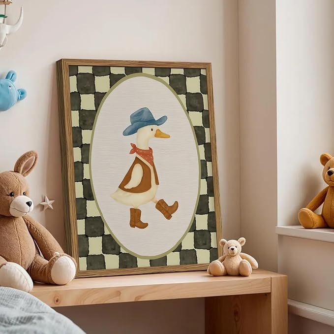 Funny Western Cowboy Goose Wall Art Cute Silly Goose Wall Decor Painting, Southwestern Duck Animal Poster Canvas Print for Living Room Bedroom 12x16 inch Wood Framed