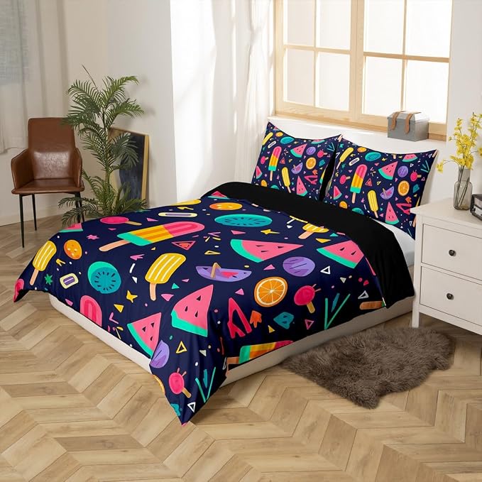 80s 90S Fashion Style Bedding Set Queen Size,Retro Memphis Style Pattern with Geometrical Shapes Duvet Cover for Kids Child,Funky Hipster Old Fashioned Comforter Cover Geometric Bedroom Decor
