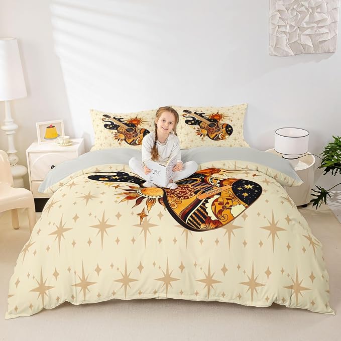 Erosebridal Boho Guitar Duvet Cover Full Retro Bohemia Aesthetic Room Decor Bedding Set Trendy Celestial Sun Star Comforter Cover,Vintage Guitar Music Bed Set