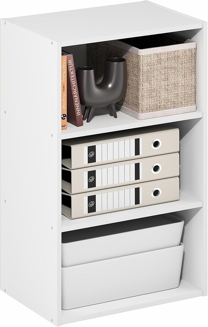 Furinno Basic Book Shelf, 3-Tier Bookshelf, Storage Organizer Bookcase with Open Shelf, 11 x 17 x 26, for Living Room, Bedroom, Home Office, White