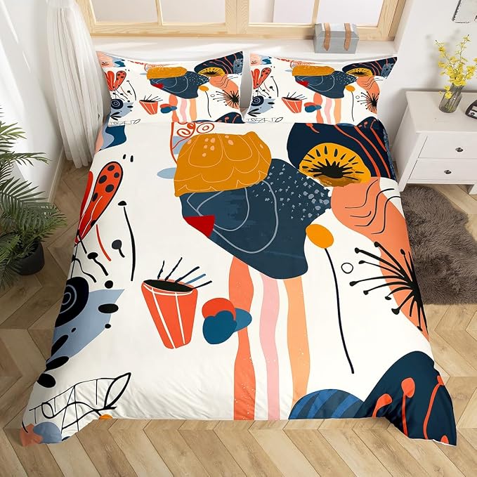 Minimalist Bedding Set Mid Century Minimalism Comforter Cover,Colorful Hand Drawn Duvet Cover Simplistic Geometrical Abstract Sketch King Bed Set,Multicolor Modern Graffiti Ombre Art Room Decor
