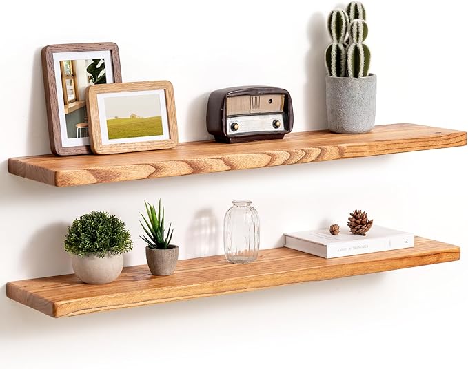 Fun Memories 36 Inch Floating Shelves, Rustic Solid Wood Wall Shelves Set of 2, 8 Inch Deep Floating Shelf for Bathroom, Bedroom, Heavy-Duty Wooden Shelf Wall-Mounted for Home Decor & Storage