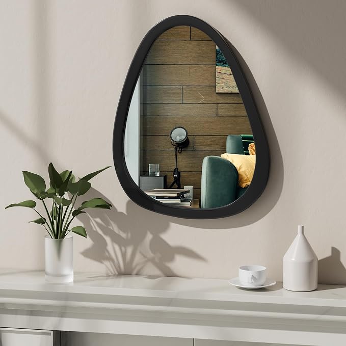 22.5" x 17.5" Irregular Wall Mirror, Black Wooden Framed Mirror, Asymmetrical Wall Mirror for Living Room Bedroom Bathroom Entryway, Small Modern Decorative Hanging Hook Style Mirror