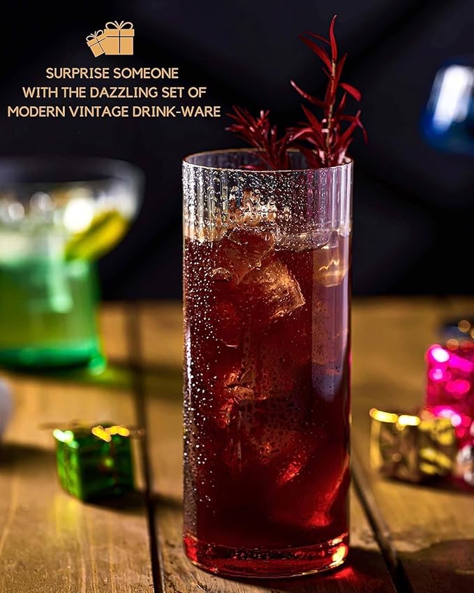 Colored Ribbed Highball Glasses Set of 4, Vintage Iced Tea Glassware, Tall Collins Glasses for Mojitos, Water, or Cocktails, Lightweight Lead-Free Crystal Drinkware (Style 2)