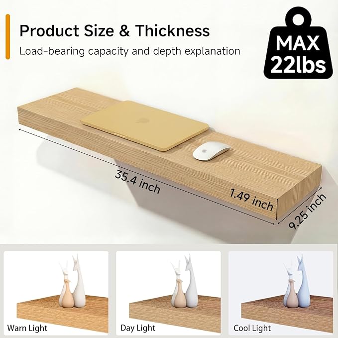 INHABIT UNION Oak Floating Shelves Set of 2，35in Wall Mounted Display Ledge Shelves for Bedroom, Bathroom, Living Room and Kitchen Decoration Storage