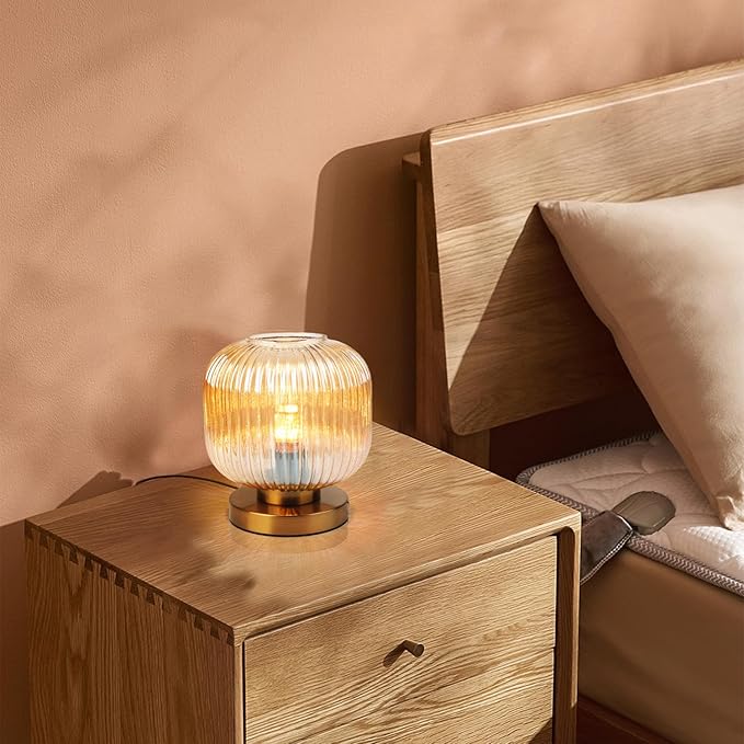 Modern Table Lamps Gold Table lamp Amber Ribbed Glass Shade Desk lamp Bedside Table lamp nightstand lamp Small Table lamp for Bedroom Living Room Office end Table Side