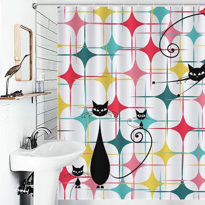 Mid Century Black Cat Shower Curtain,Retro Atomic Stars Abstract Iconic 60s Vintage Geometric Fabric Bathroom Decor Curtain with Hooks 66x72in（168x183cm）